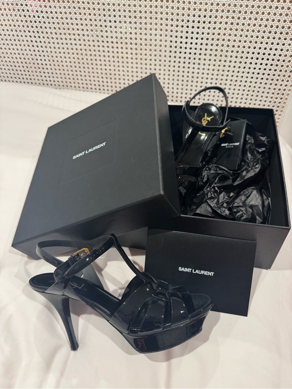 Tribute Saint Laurent Black Patent Leather Strappy Heels - Picture 3 of 7
